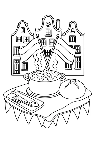 Coloring page for Leiden Relief on October 3 with hutspot, herring and white bread