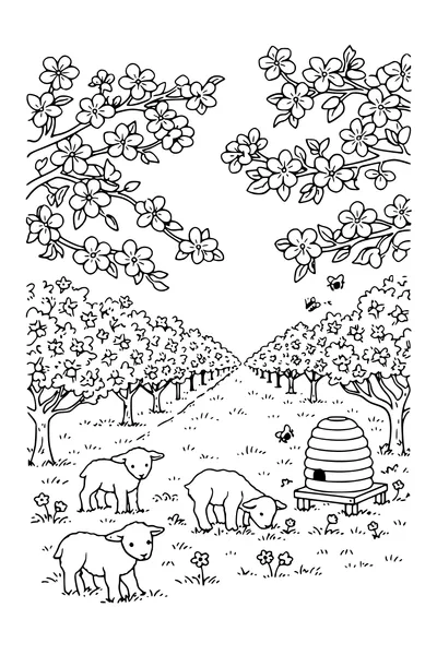 Coloring page of an orchard in spring blossom with lambs