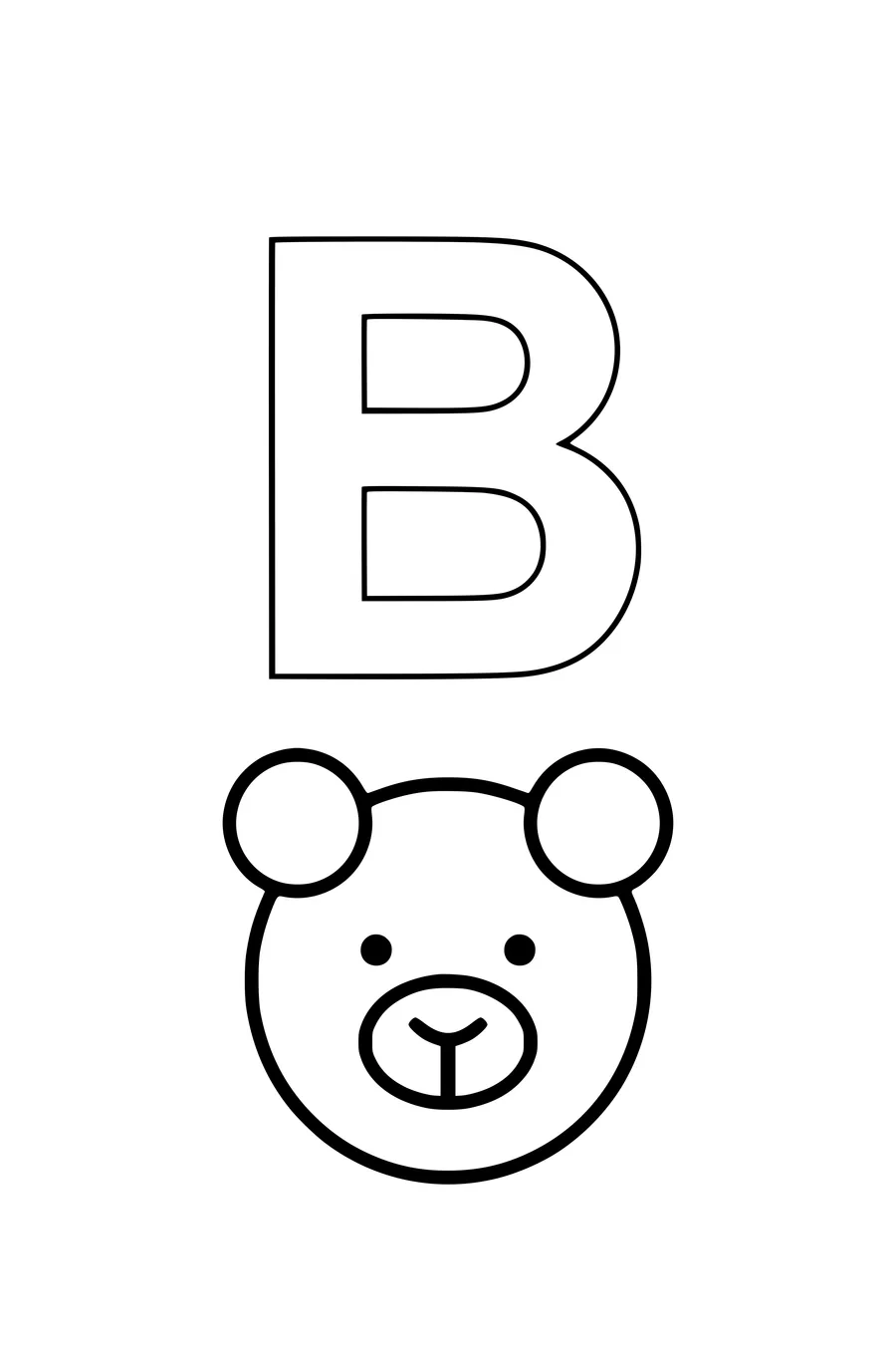 Coloring page of a large letter B with a bear