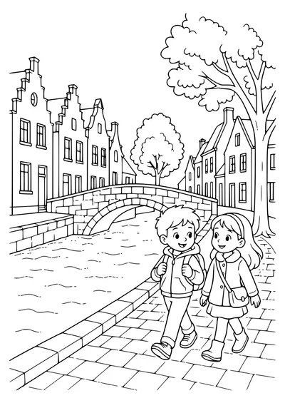 brugse gracht met kinderen kleurplaat