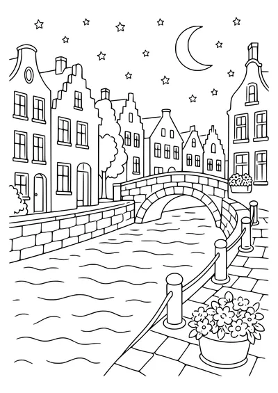 brugse gracht bij zonsondergang kleurplaat