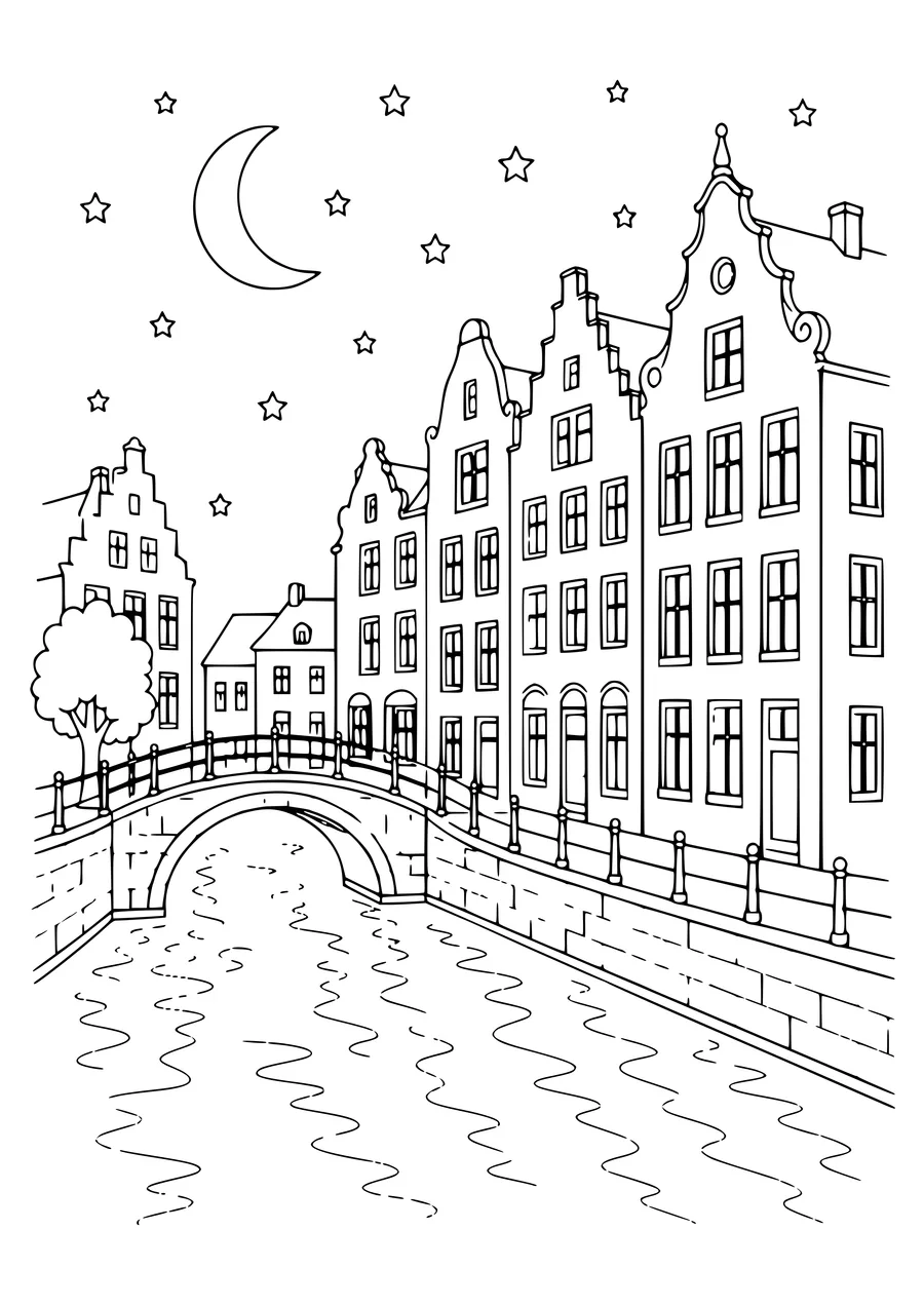 ghent facade at sunset coloring page