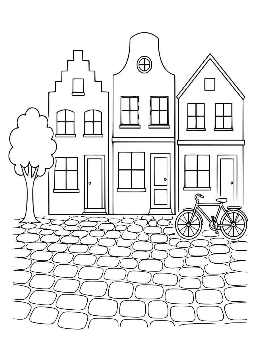 cobblestone street in the morning coloring page
