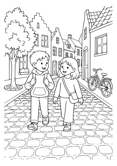 Cobblestone Street avec des enfants gratuit à imprimer