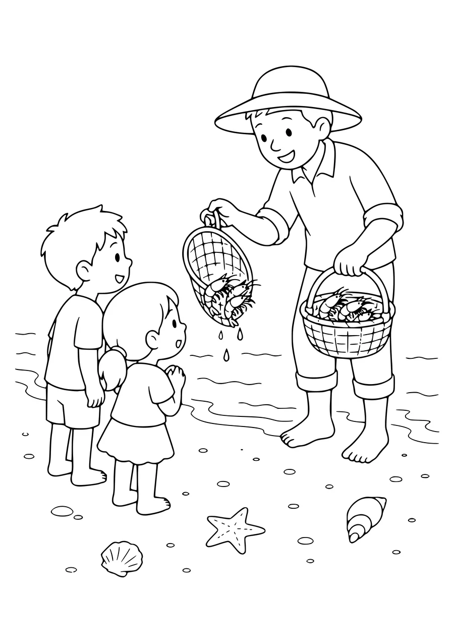 shrimp fisher with children coloring page