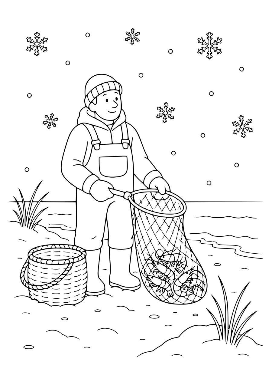 shrimp fisher in winter coloring page