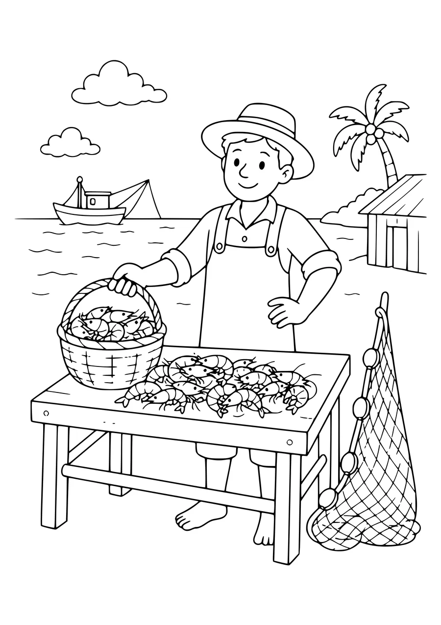 shrimp fisher at the market coloring page