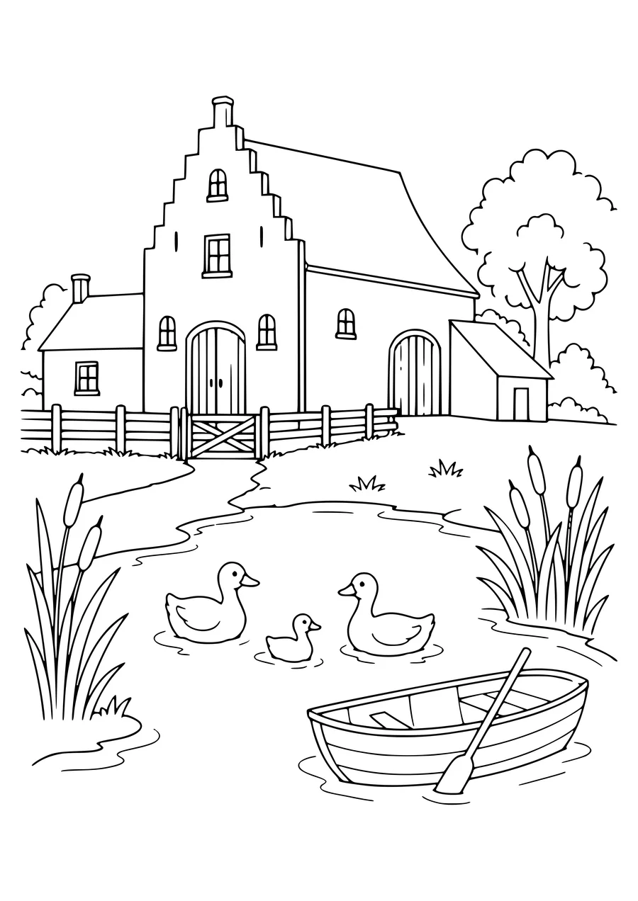 flemish farm by the water coloring page