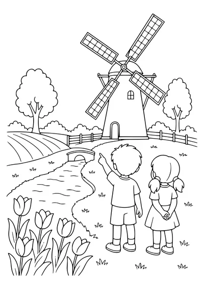 Dutch Windmill avec des enfants gratuit à imprimer