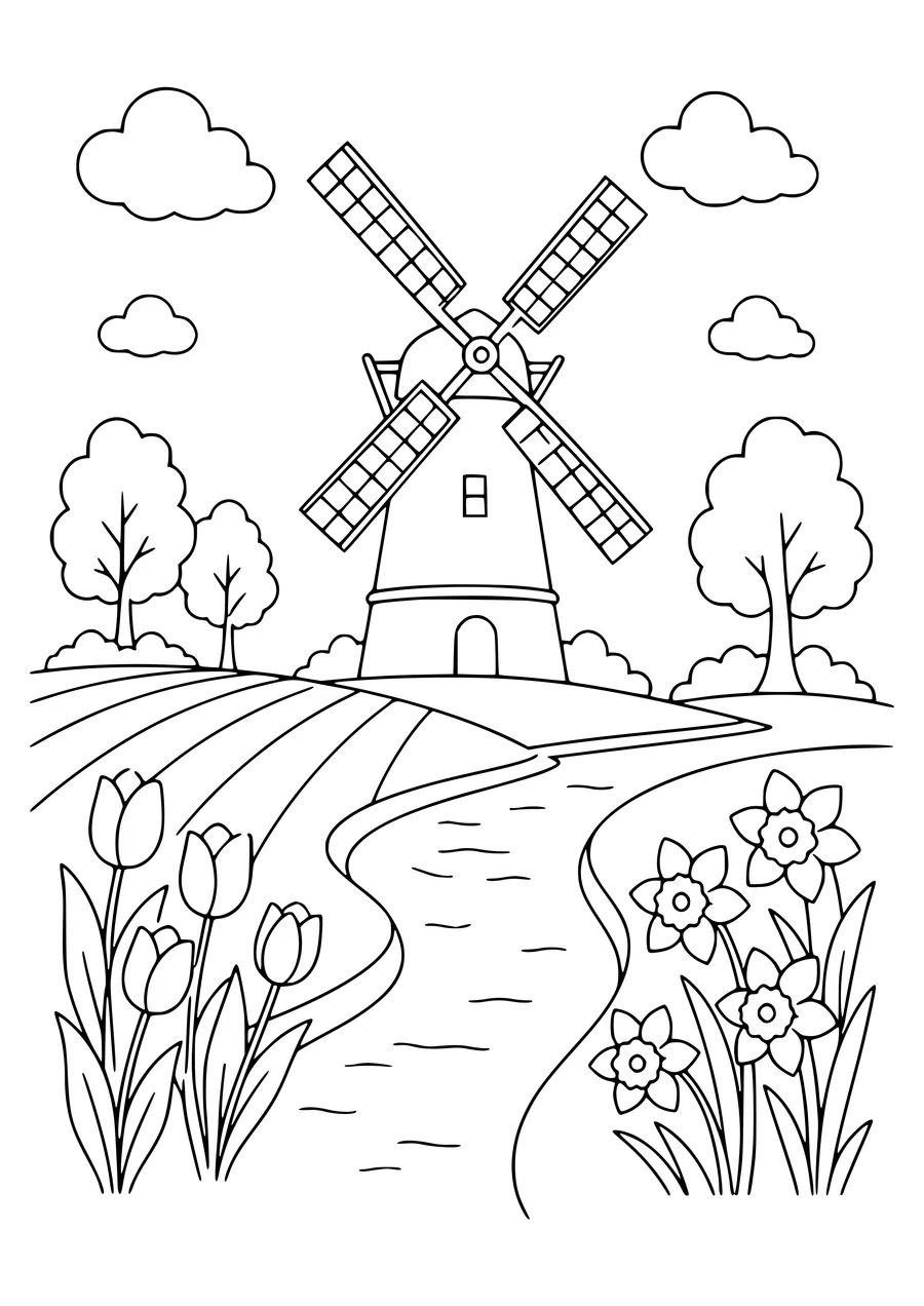 Dutch Windmill au printemps gratuit à imprimer