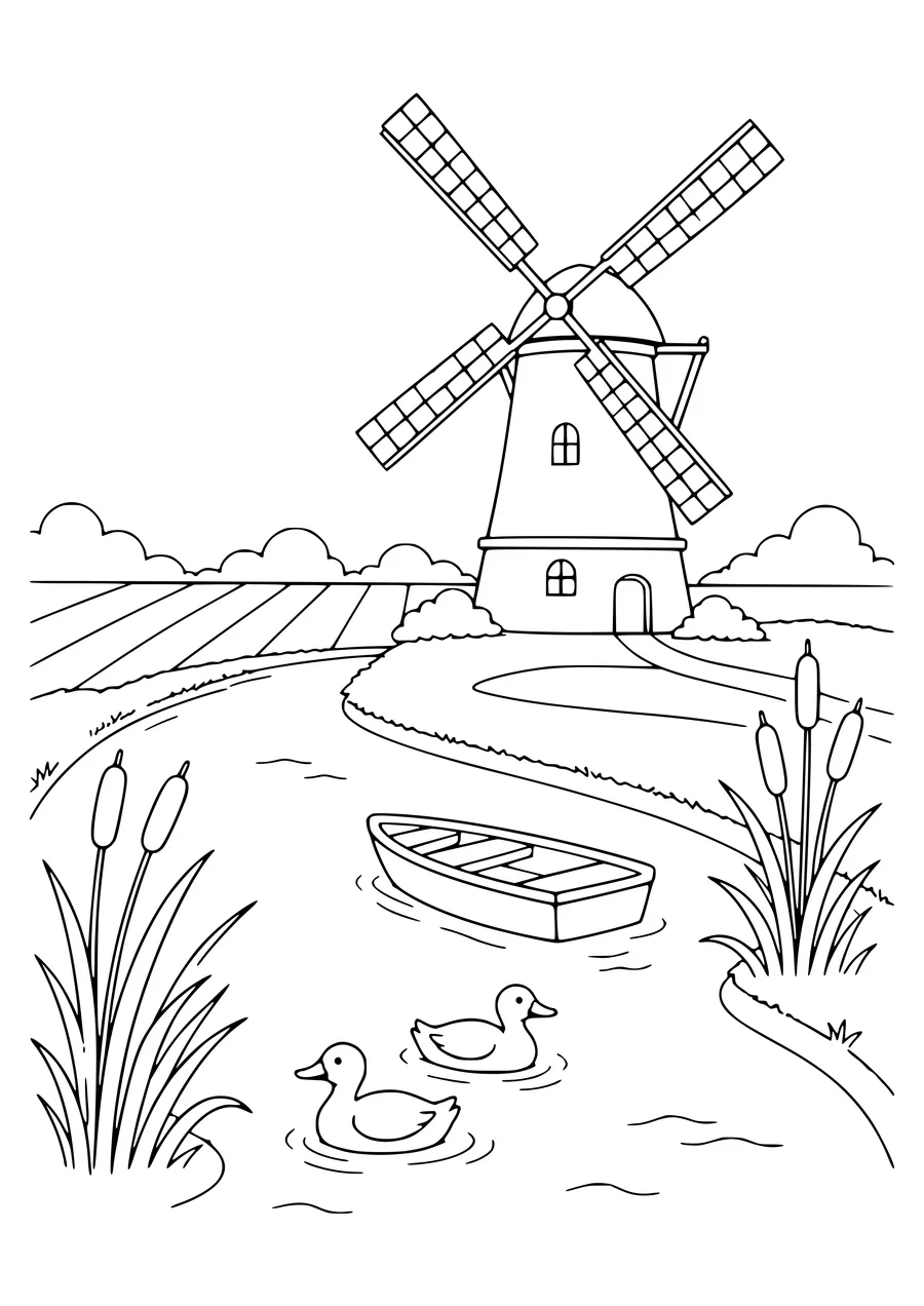 Dutch Windmill am Wasser kostenlos zum Ausdrucken