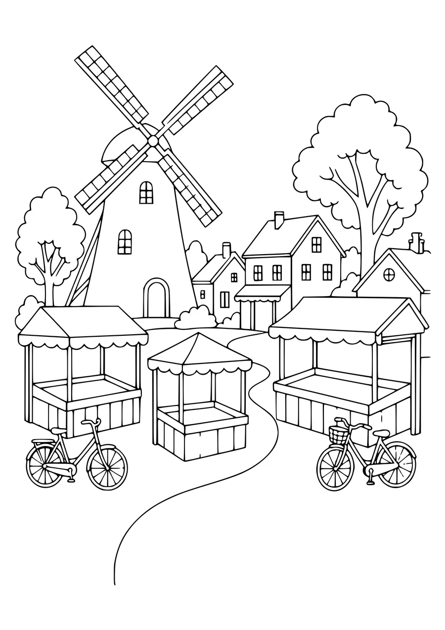 dutch windmill at the market coloring page