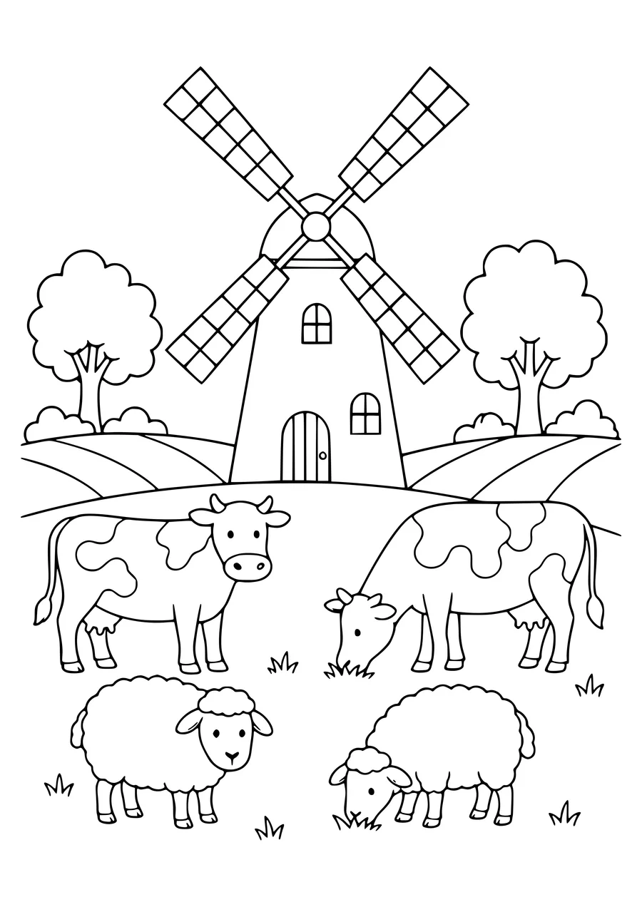 nederlandse molen met dieren kleurplaat
