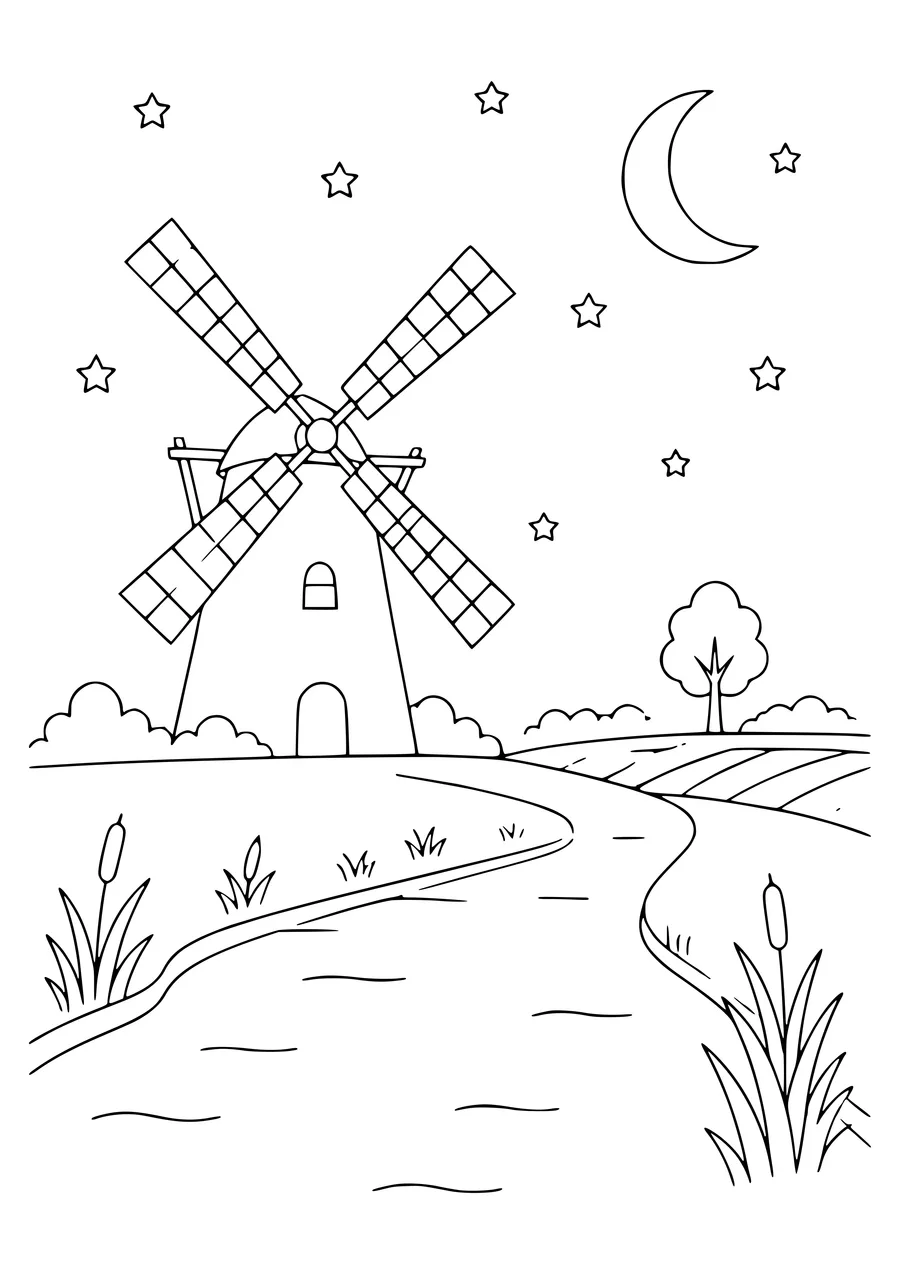 nederlandse molen bij zonsondergang kleurplaat