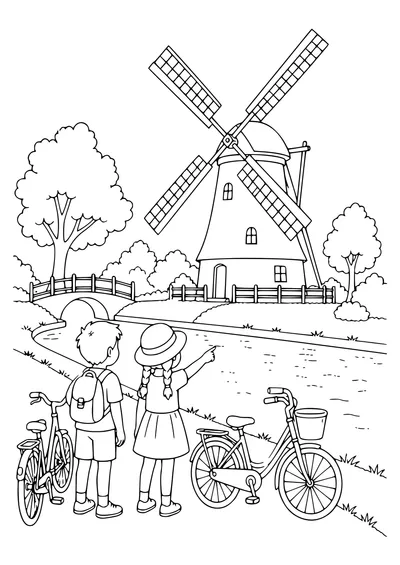 Dutch Windmill as a children’s page de coloriage gratuit à imprimer