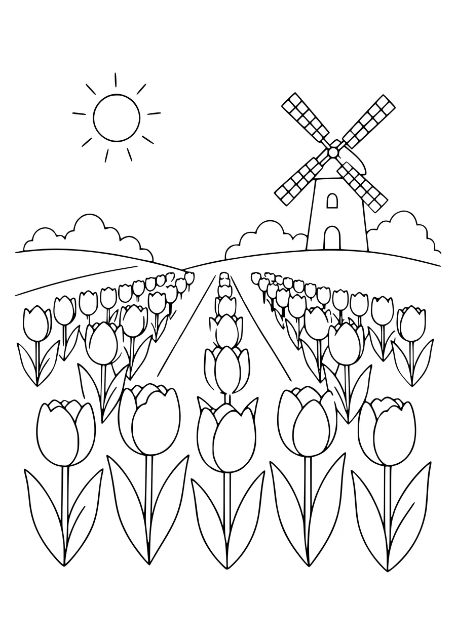 Tulip Field le matin gratuit à imprimer