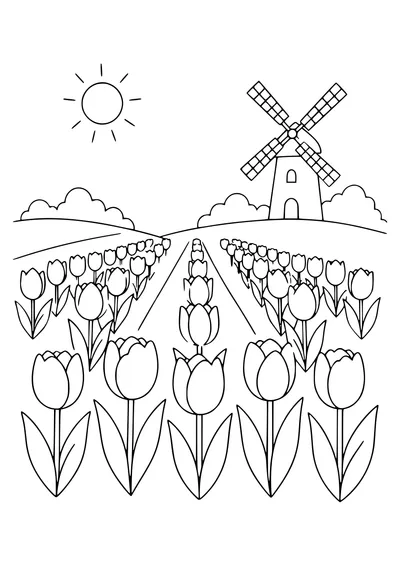 tulip field in the morning coloring page