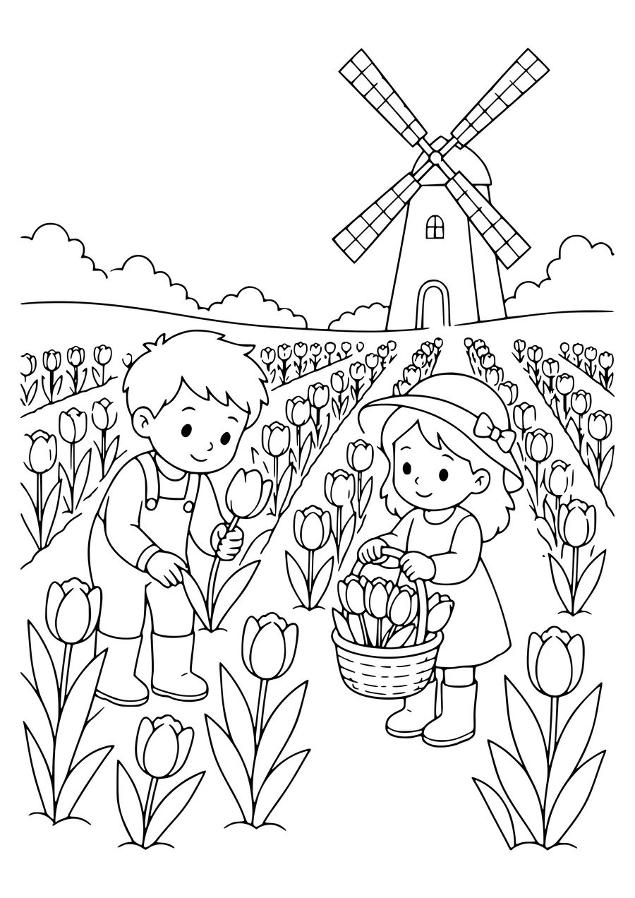 Tulip Field mit Kindern kostenlos zum Ausdrucken
