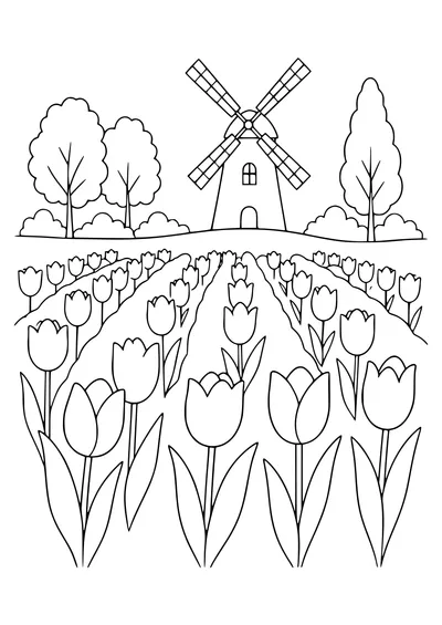 tulip field in spring coloring page