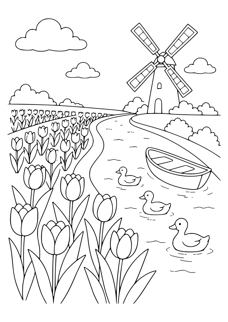 tulpenveld aan het water kleurplaat
