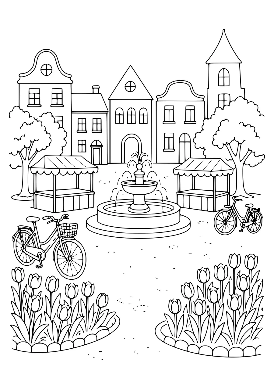 tulpenveld op de markt kleurplaat