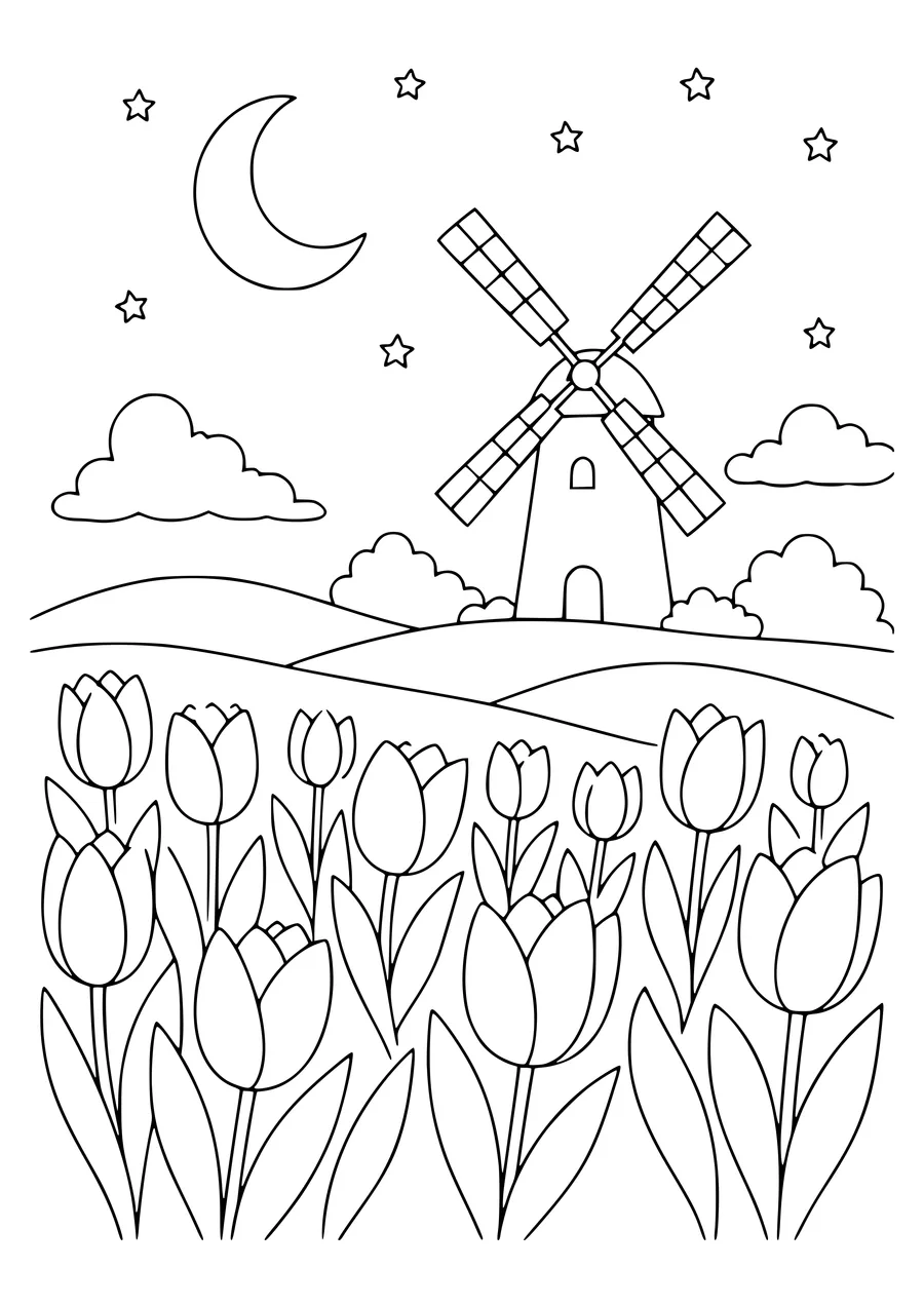 Tulip Field au coucher du soleil gratuit à imprimer