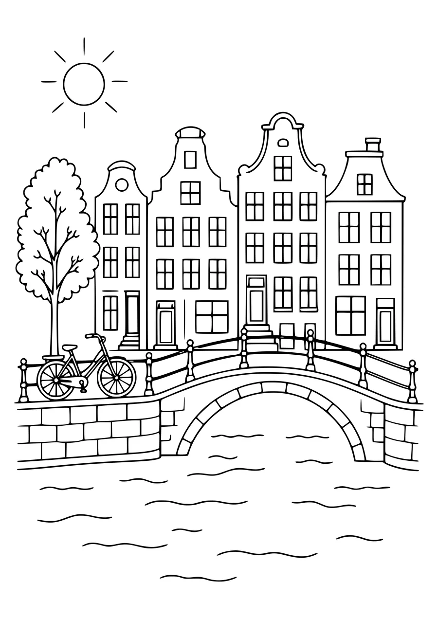 Dutch Canal House am Morgen kostenlos zum Ausdrucken