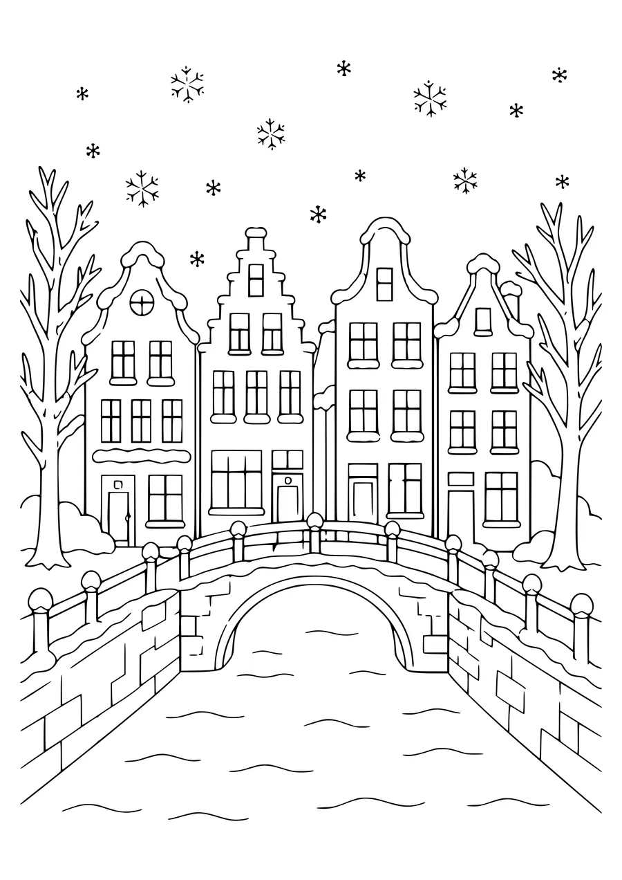 nederlands grachtenpand in de winter kleurplaat
