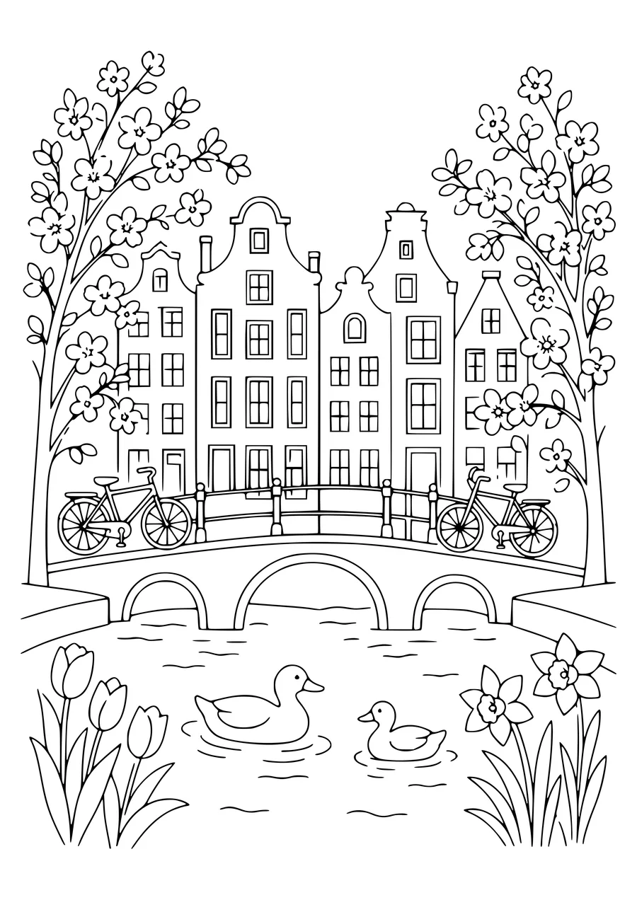 nederlands grachtenpand in de lente kleurplaat