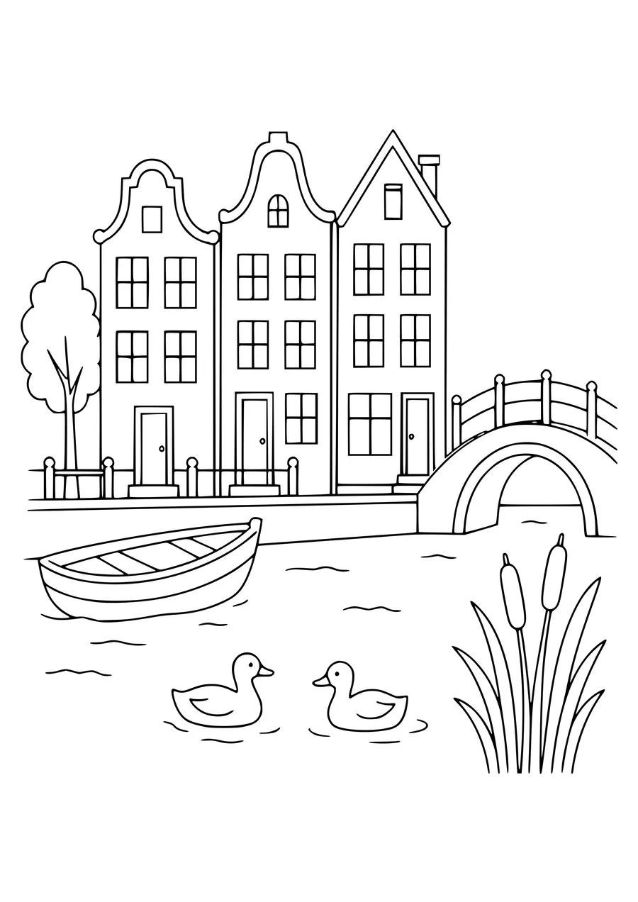 nederlands grachtenpand aan het water kleurplaat