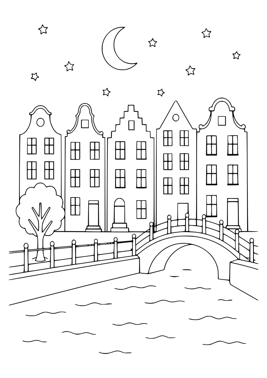 dutch canal house at sunset coloring page