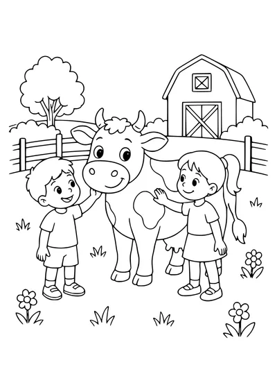 cow in the meadow with children coloring page