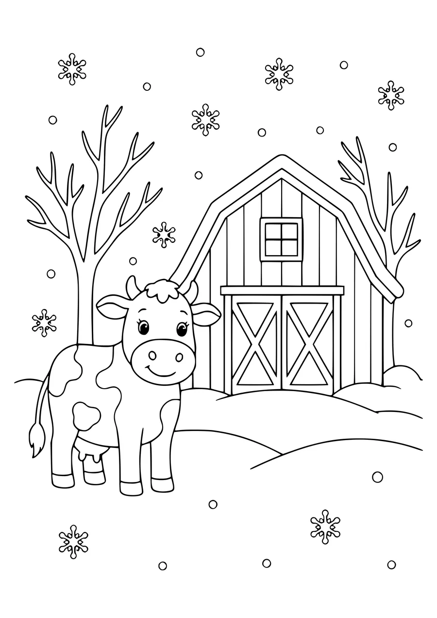 cow in the meadow in winter coloring page