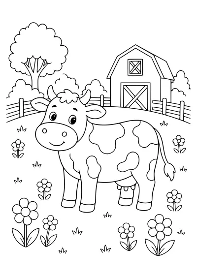 cow in the meadow in spring coloring page