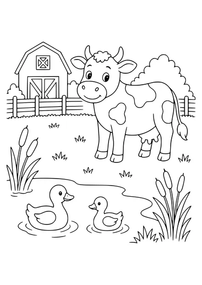 cow in the meadow by the water coloring page