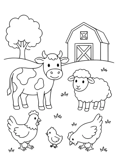cow in the meadow with animals coloring page