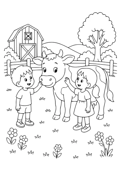 cow in the meadow as a children’s coloring page coloring page
