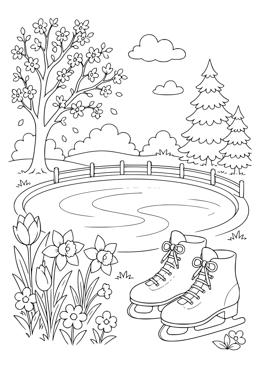 schaatsen op het ijs in de lente kleurplaat