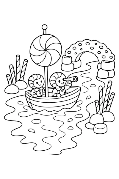Kleurplaat op gemiddeld niveau van een originele lollyboot op een limonaderivier