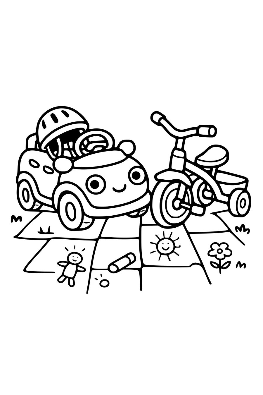 Coloring page of a ride-on toy car and a tricycle on a garden path