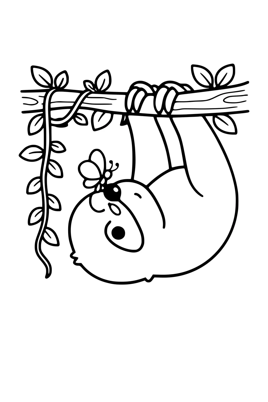 Coloring page of a sloth hanging from a branch with a butterfly on its nose