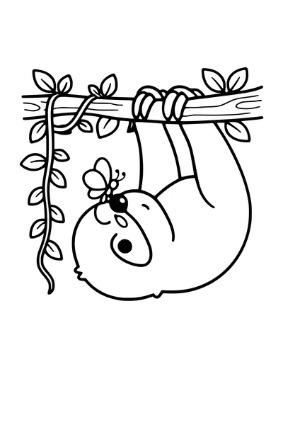 Coloring page of a sloth hanging from a branch with a butterfly on its nose