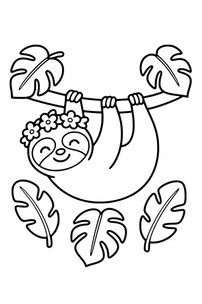 Easy coloring page of a smiling sloth wearing a flower crown