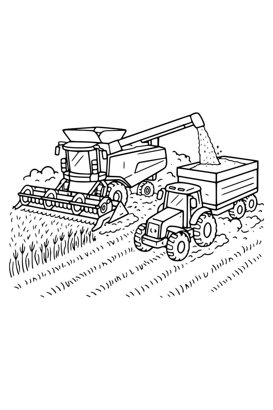 coloriage moissonneuse-batteuse dans le blé avec tracteur à côté