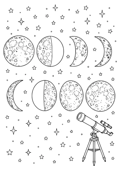 Free printable coloring page moon phases with stars