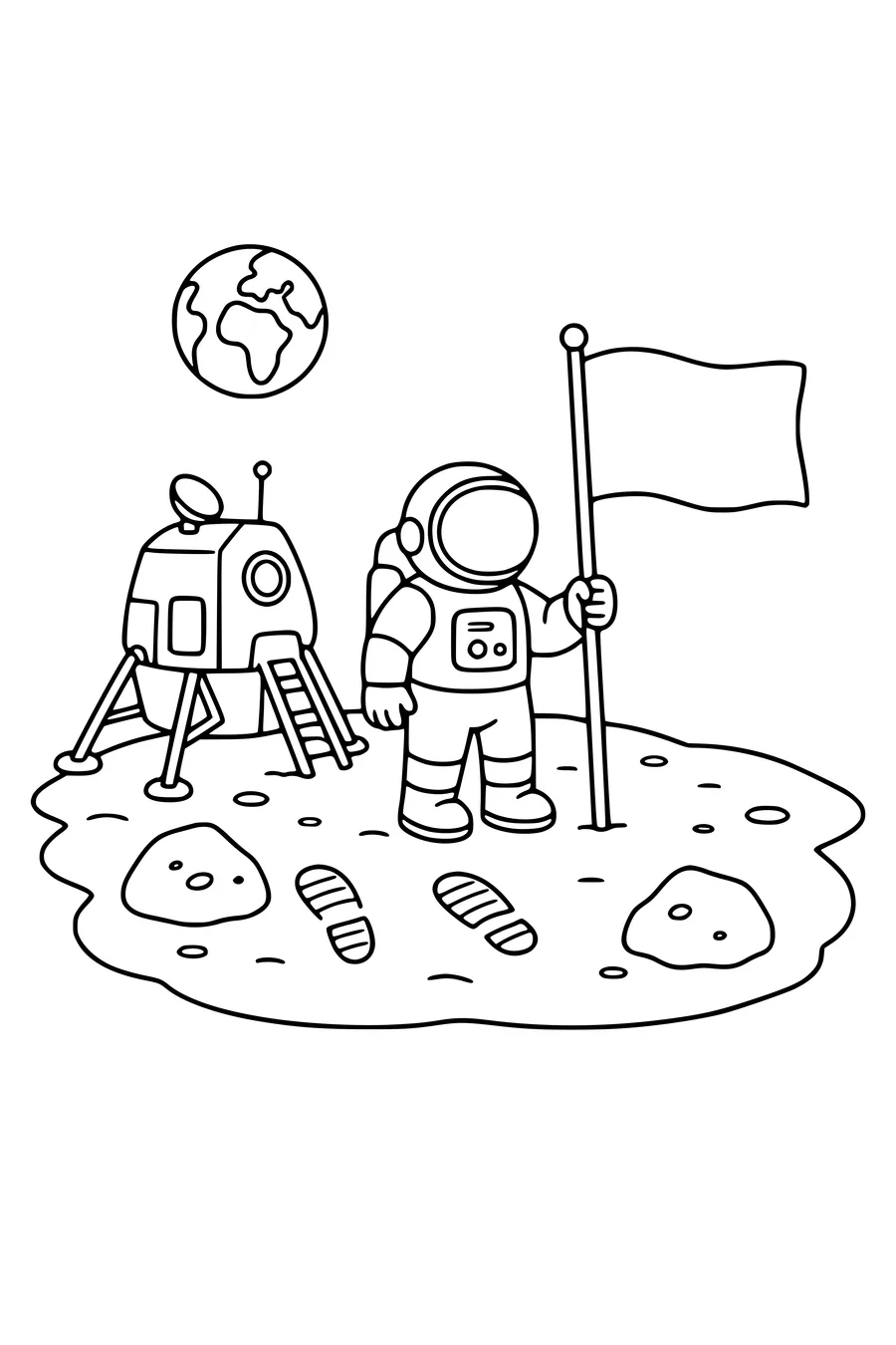Printbare kleurplaat van maanlanding met een vlag