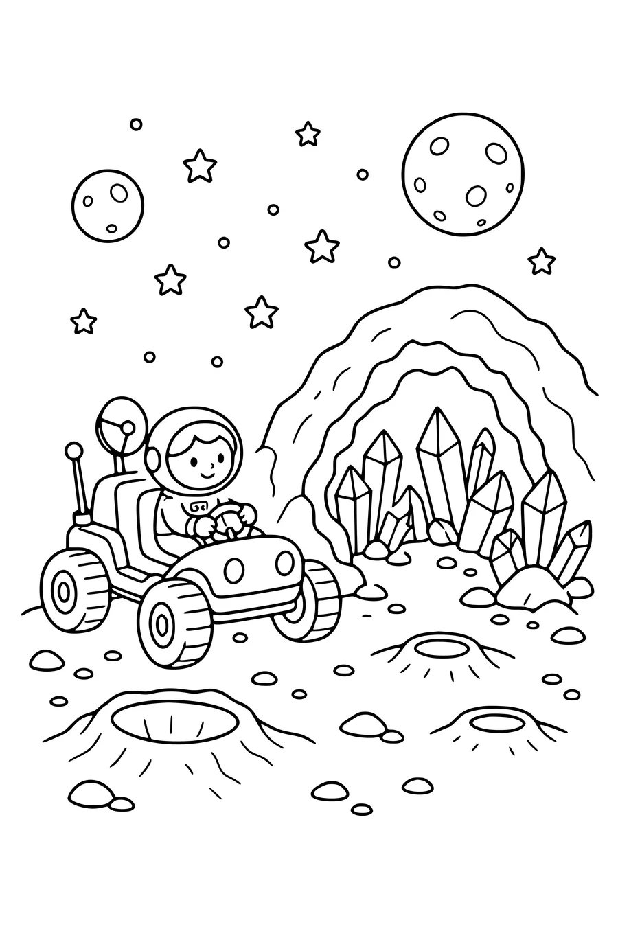 Medium coloring page of an original moon rover discovering a crystal cave