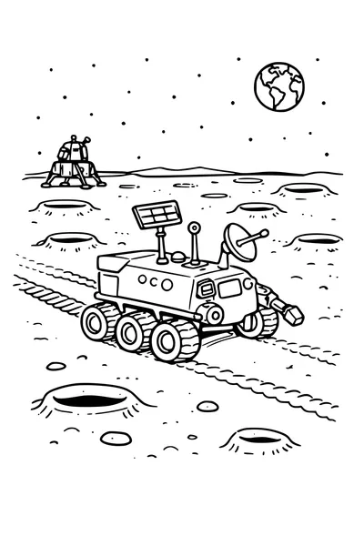 Coloring page of a rover crossing the moon with craters and a lander