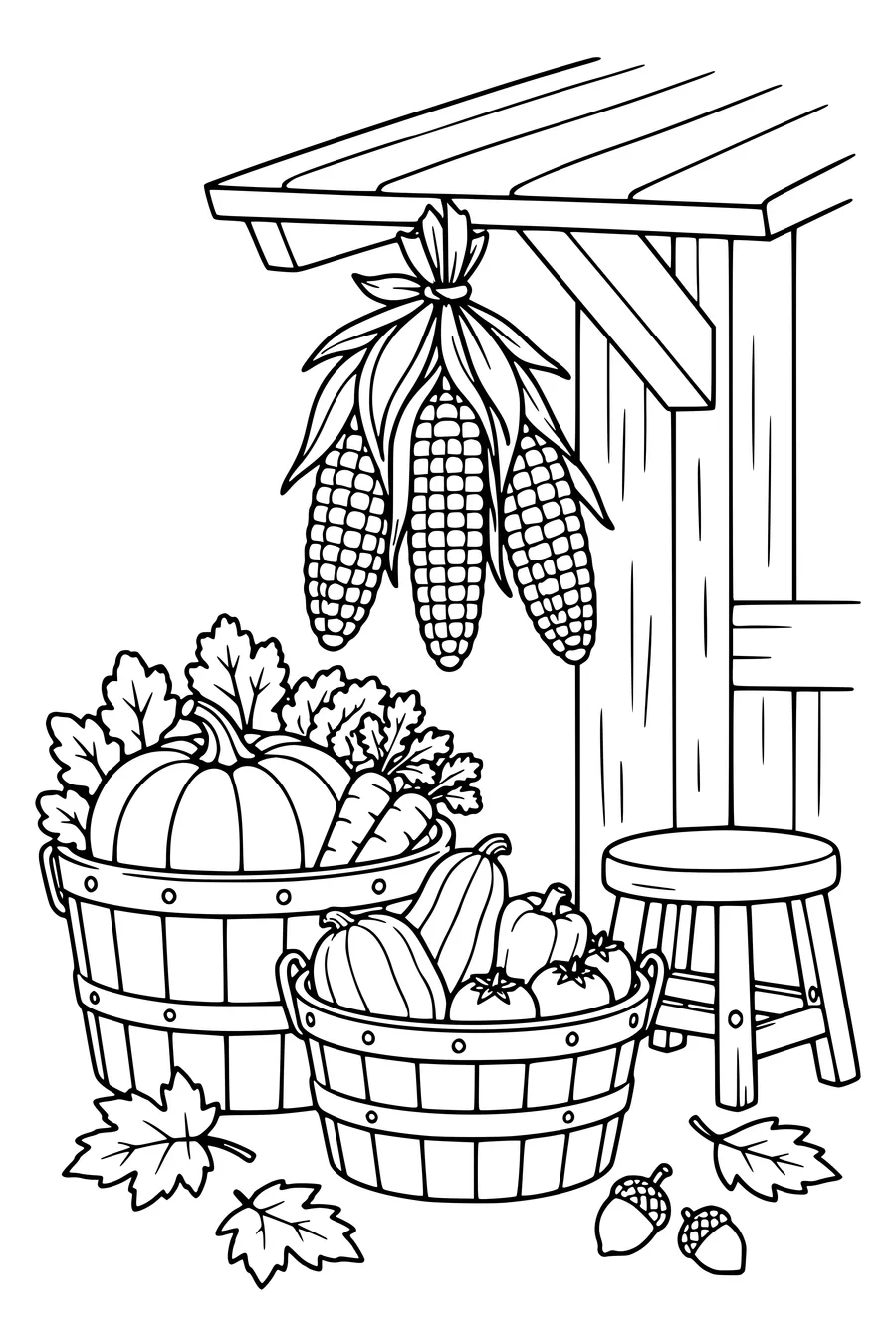 Three harvested corn cobs hang beneath a barn eave beside baskets of autumn vegetables and a small stool.