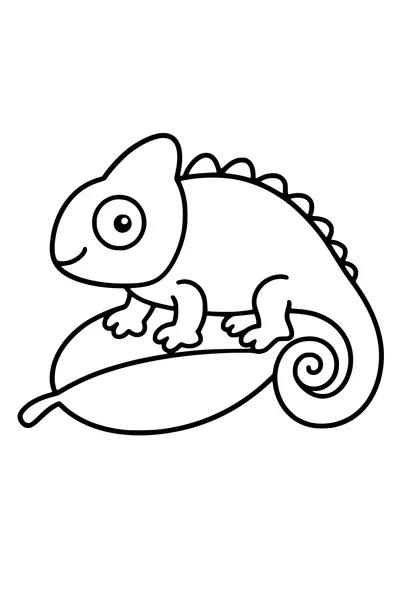 Easy coloring page of a friendly chameleon with a curled tail on one leaf